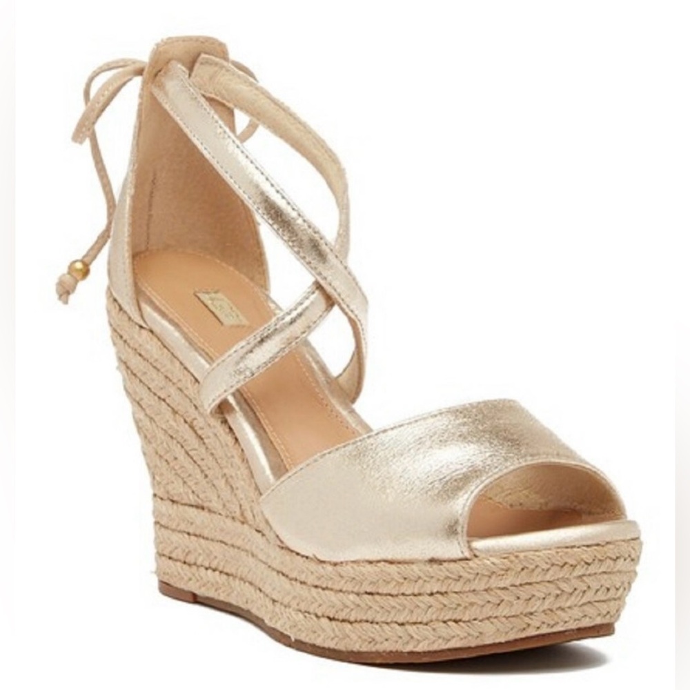 UGG Reagan  Gold   leather Wedge Espadrilles Sandals Size 6.5W